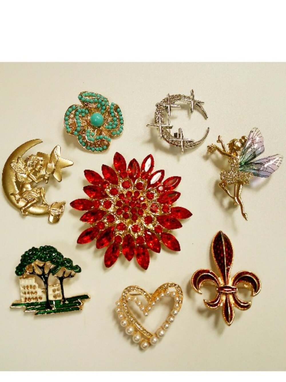 Brooch Lot of 8 - Starburst Fleur-de-lis Angel Heart